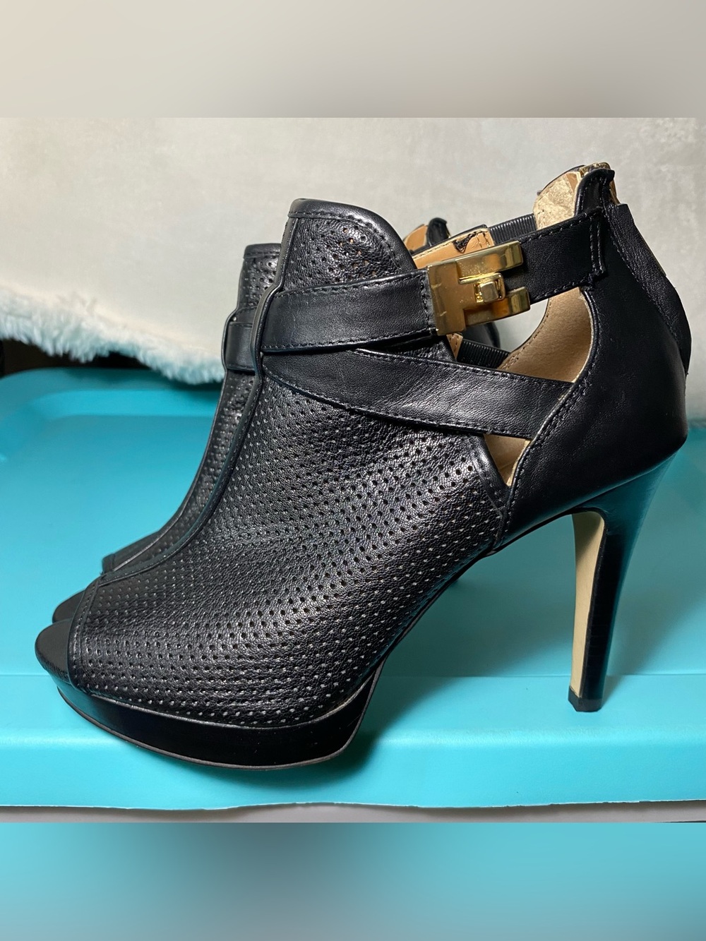 Tommy Hilfiger Black Perforated Leather High Heel Booties with Gold Buckle